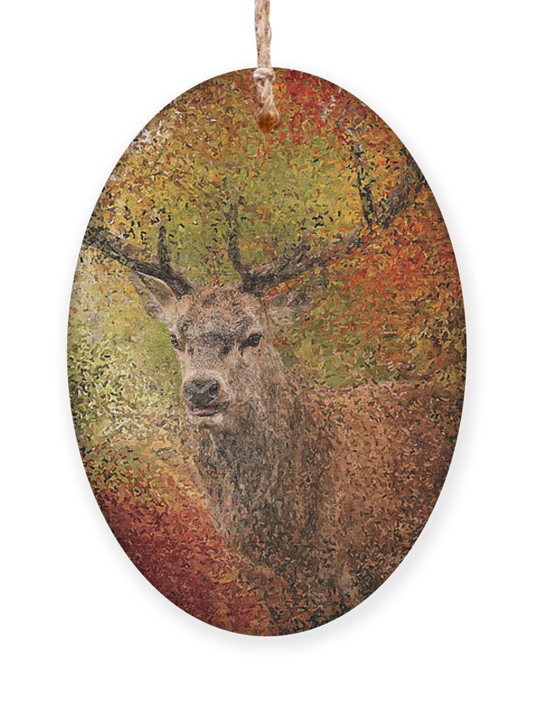Deer Ornament featuring the painting Deer in the autumn forest by Alex Mir