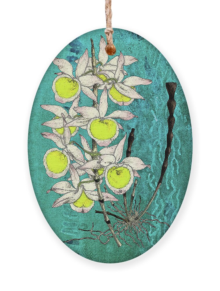 White Flower Ornament featuring the mixed media Dendrobium Orchid on blue by Lorena Cassady