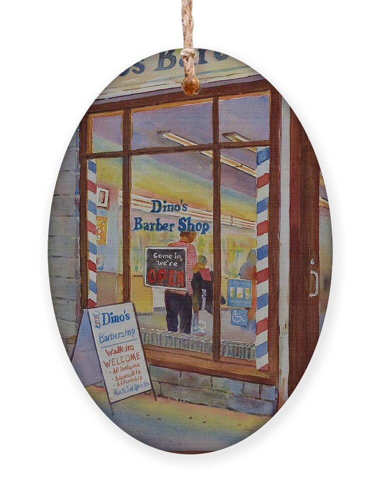 Canada Ornament featuring the painting Dino's Barbershop by David Gilmore