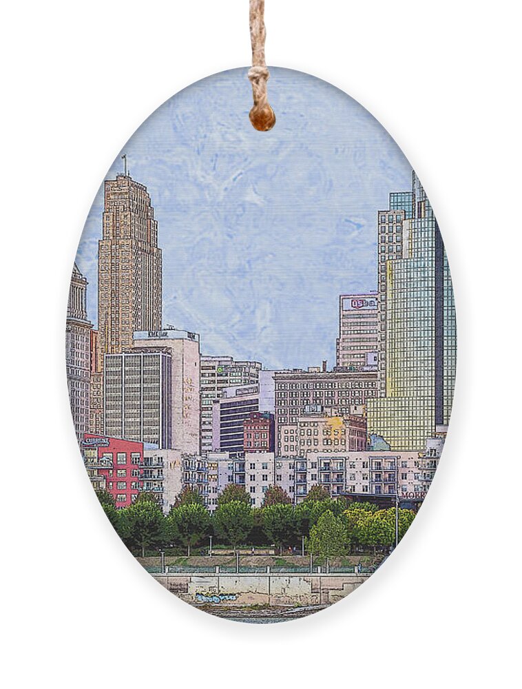Cincinnati Ornament featuring the digital art Downtown Cincinnati - the Banks by Bentley Davis