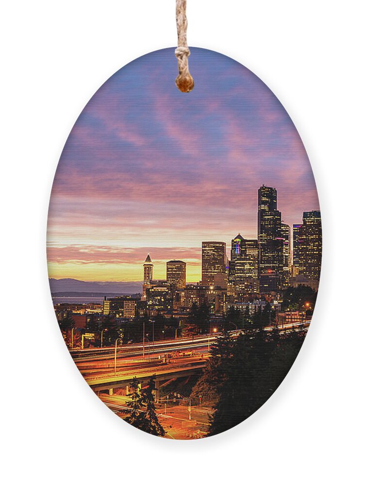 Outdoor; Sunset; Spring; Twilight; Downtown; Seattle; Highways; Elliot Bay; Night; Night Photography; Cloud; Strip Clouds; Washington Beauty; Pnw Photography Ornament featuring the digital art Downtown Seattle in Twilight by Michael Lee