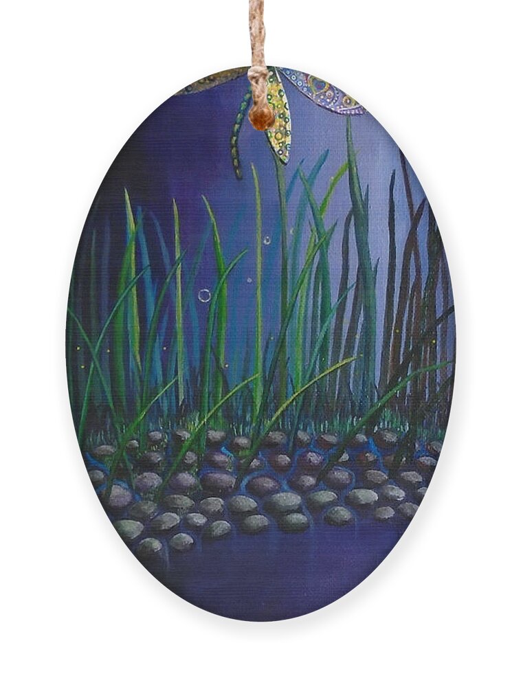 Dragonfly Ornament featuring the painting Dragonfly at the Bay II by Mindy Huntress