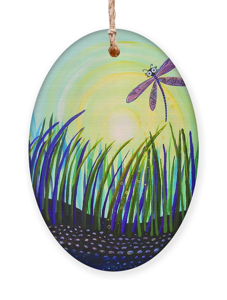 Dragon Fly Ornament featuring the painting Dragonfly at the Bay III by Mindy Huntress