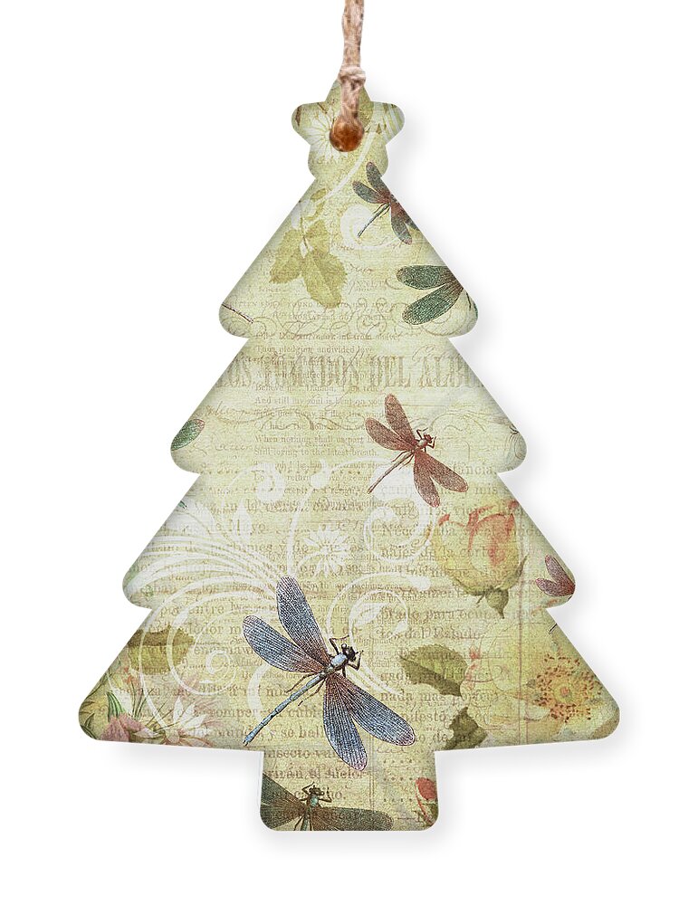Dragonflies Ornament featuring the mixed media Dragonfly Dreams - Antiqued by Peggy Collins