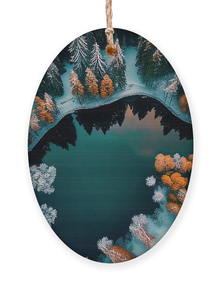 Tree Ornament featuring the photograph Drone view of winter pine forest and lake by Jelena Jovanovic