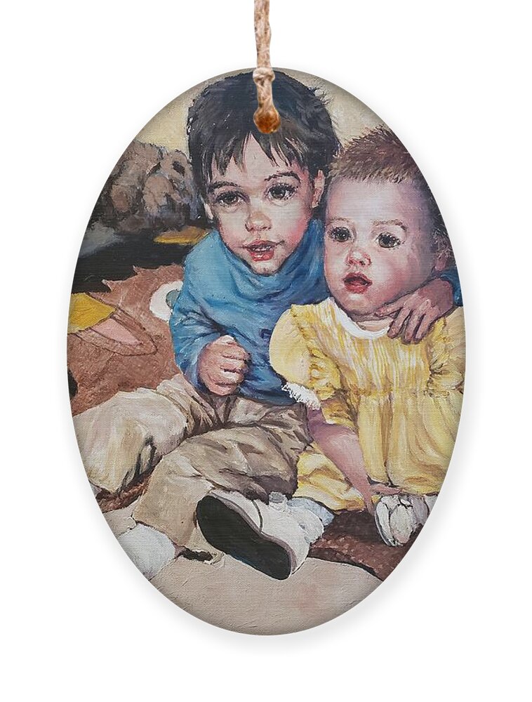 Children Ornament featuring the painting Dynamic Duo by Merana Cadorette