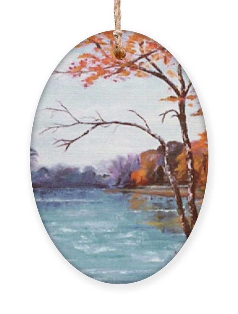 Mountain Ornament featuring the painting Mountain Lake and Rowboat by Catherine Ludwig Donleycott