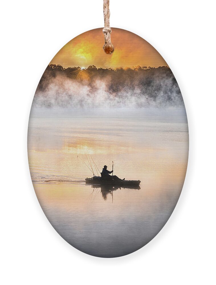Lake Lamar Bruce Ornament featuring the photograph Morning Mist Kayak Fisherman Sunrise Lake Mississippi by Jordan Hill