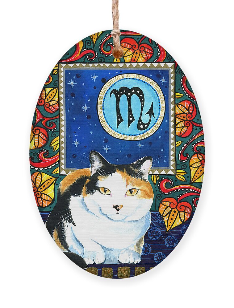 Cat Ornament featuring the painting Eleanor with Scorpio Cat Zodiac Sign by Dora Hathazi Mendes