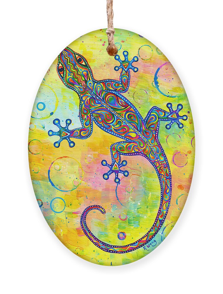 Gecko Ornament featuring the painting Electric Gecko by Rebecca Wang