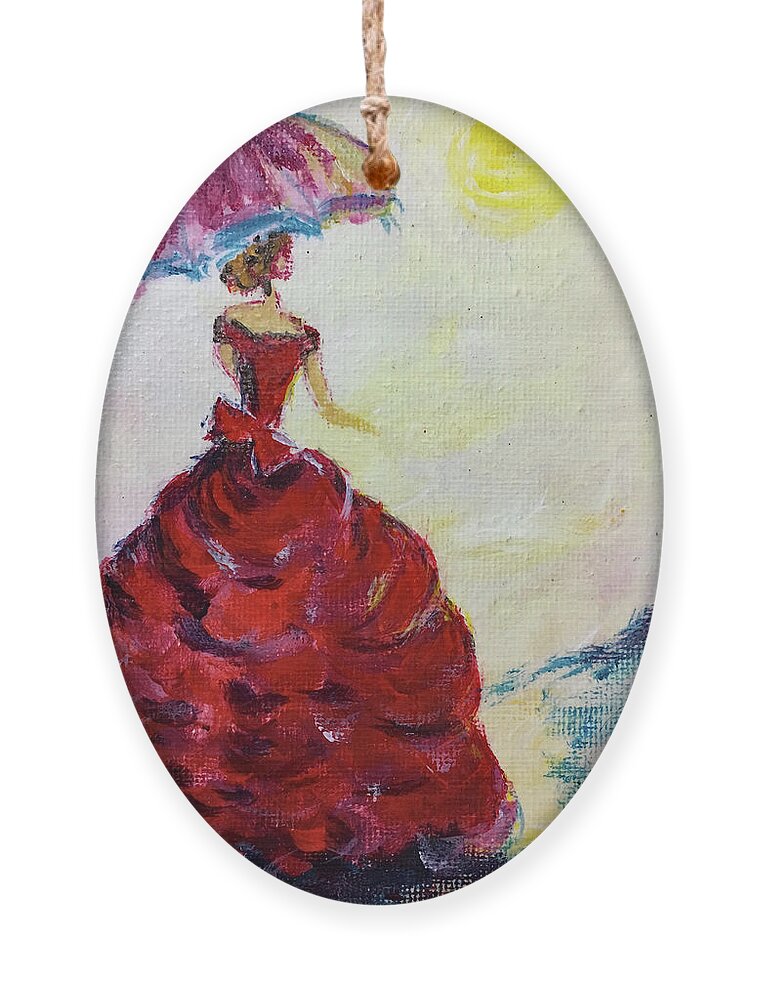 Lady Ornament featuring the painting Elegant Lady in a Red Dress by Roxy Rich