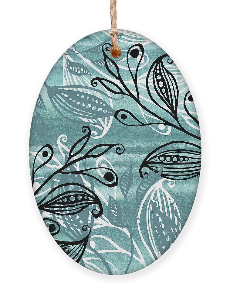 Pods Ornament featuring the painting Elegant Pods And Seeds Pattern With Leaves Teal Blue Watercolor V by Irina Sztukowski