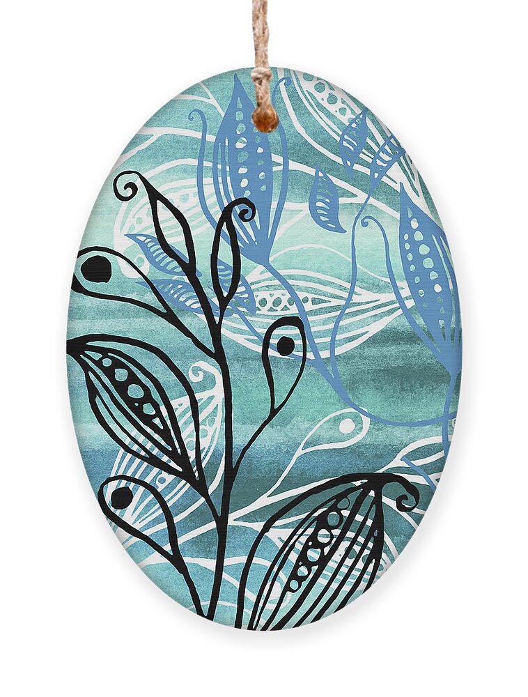 Pods Ornament featuring the painting Elegant Pods And Seeds Pattern With Leaves Teal Blue Watercolor VI by Irina Sztukowski