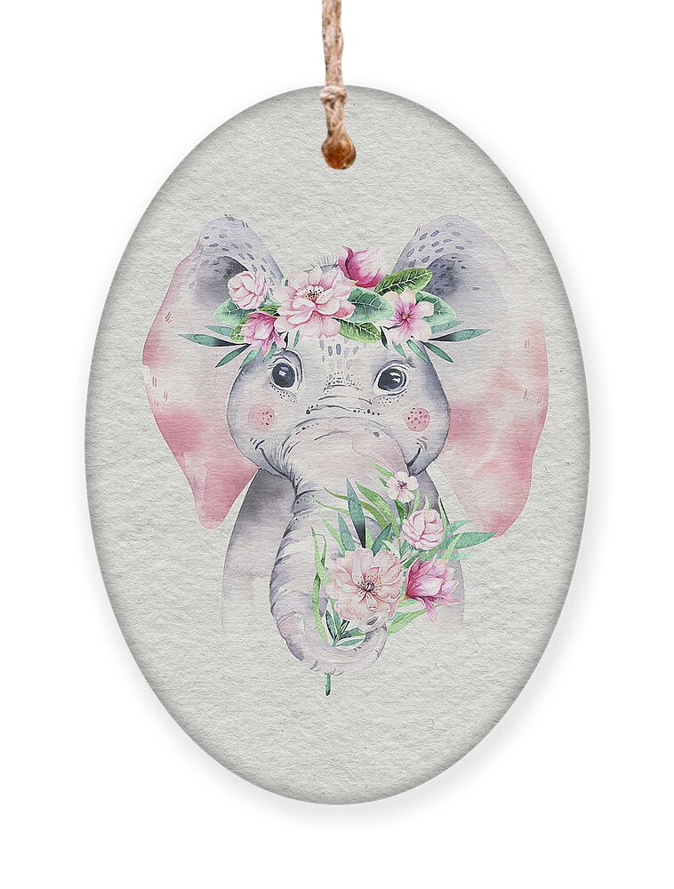 Elephant Ornament featuring the painting Elephant With Flowers by Nursery Art