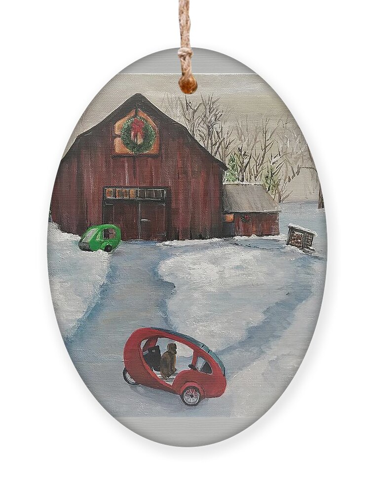 Snow Scene Ornament featuring the painting ELF Holiday Scene 2021 by Deborah Naves