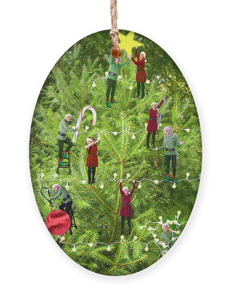 Mature Ornament featuring the photograph Elves decorating Christmas tree in snow by Karen Foley