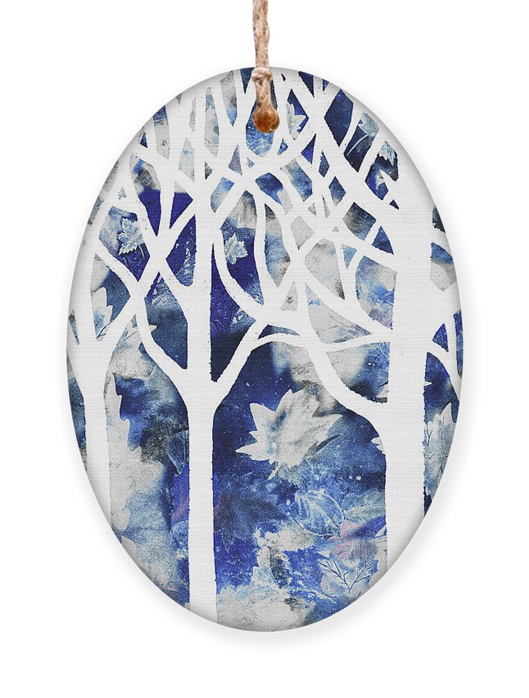 Abstract Forest Ornament featuring the painting Enchanted Winter Forest Watercolor Silhouette White Trees And Branches Blue Ground by Irina Sztukowski