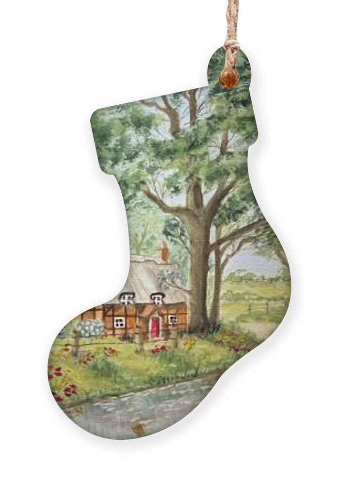 Cottage Ornament featuring the painting English Thatched Roof Cottage by Kelly Mills