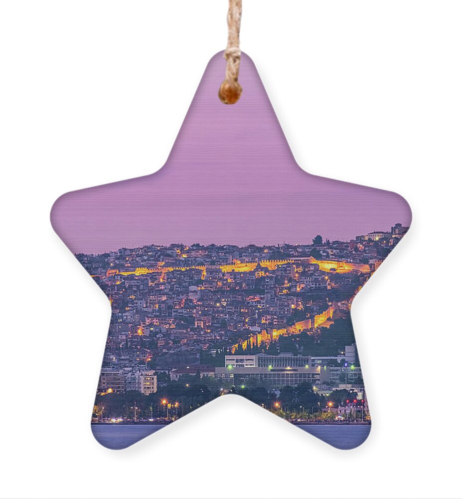 Heptapyrgio Ornament featuring the photograph Eptapyrgio and Thessaloniki castle night view by Alexios Ntounas