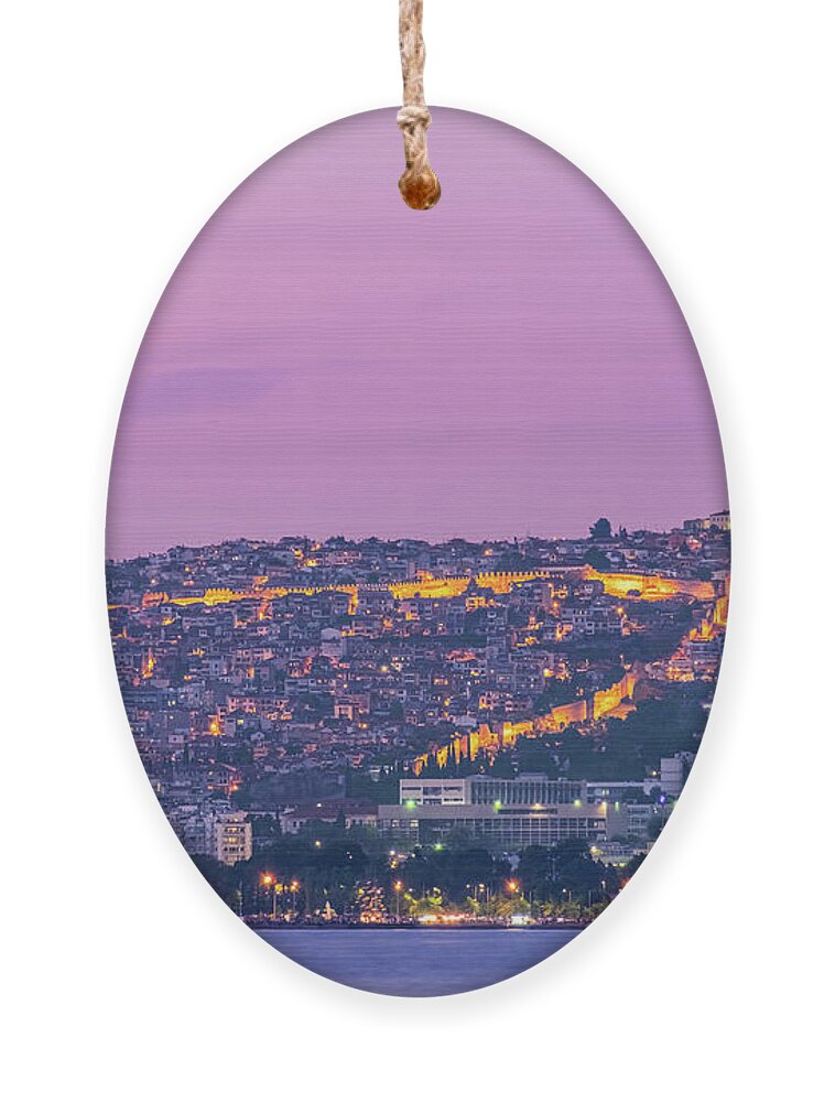 Heptapyrgio Ornament featuring the photograph Eptapyrgio and Thessaloniki castle night view by Alexios Ntounas