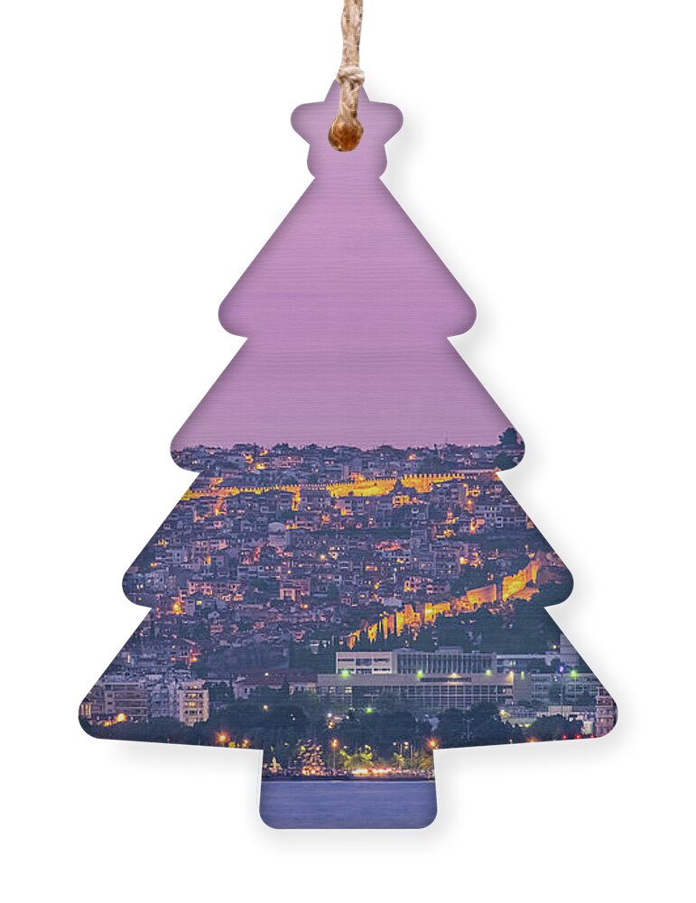Heptapyrgio Ornament featuring the photograph Eptapyrgio and Thessaloniki castle night view by Alexios Ntounas