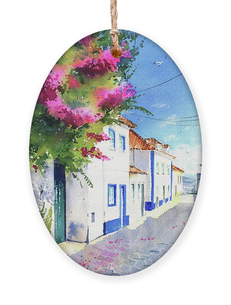 Ericeira Ornament featuring the painting Ericeira Street With Bougainvillea by Dora Hathazi Mendes