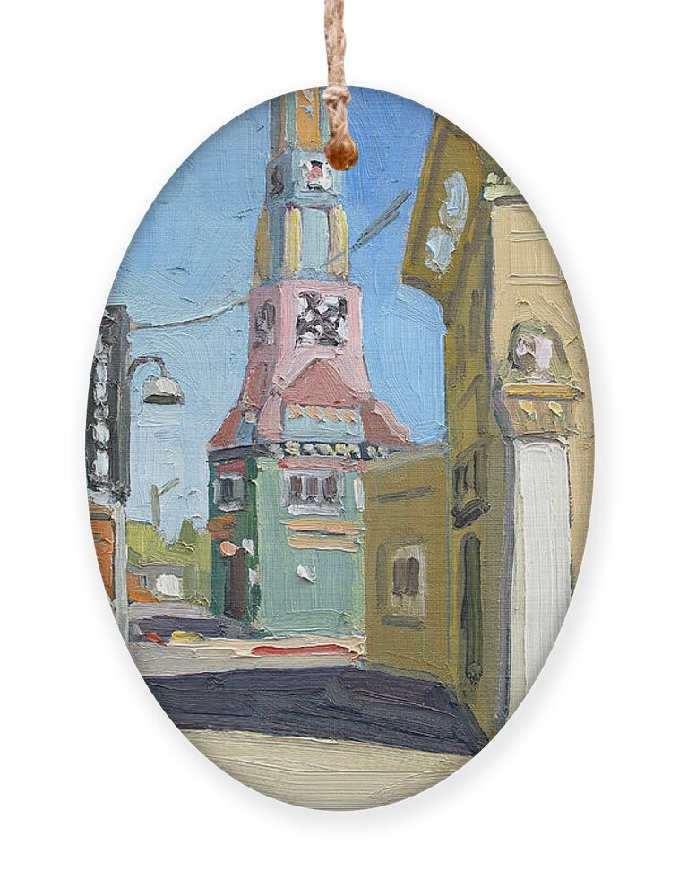 Euclid Tower Ornament featuring the painting Euclid Tower - City Heights, San Diego, California by Paul Strahm