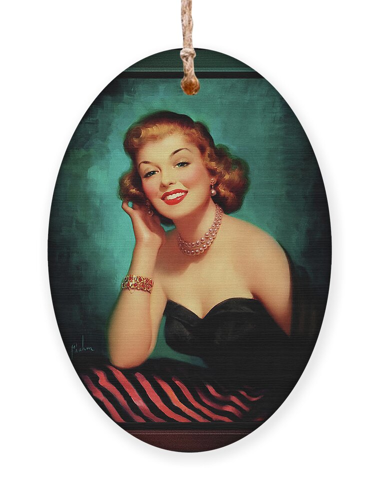 Brunette Ornament featuring the painting Evening Glamour Girl by Art Frahm Glamour Pin-up Wall Art Decor by Rolando Burbon