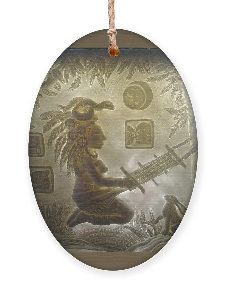 Mayan Goddess Ornament featuring the painting ExChel, Mayan Moon Goddess by James RODERICK