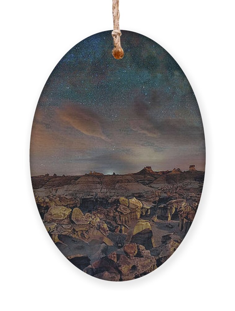 Bistibadlands Ornament featuring the photograph Exploring the Bisti Badlands of New Mexico with the Milky Way, under a bright New Mexico starry sky by Lena Owens - OLena Art Vibrant Palette Knife and Graphic Design