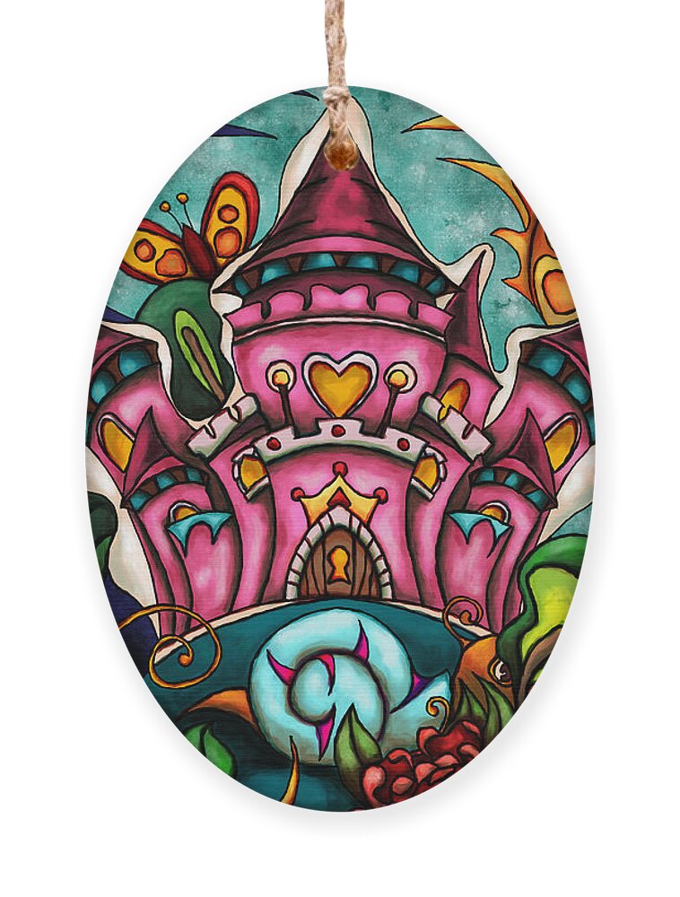 Fairy Tale Ornament featuring the painting Fairy tale princess castle, cartoon pink castle by Nadia CHEVREL