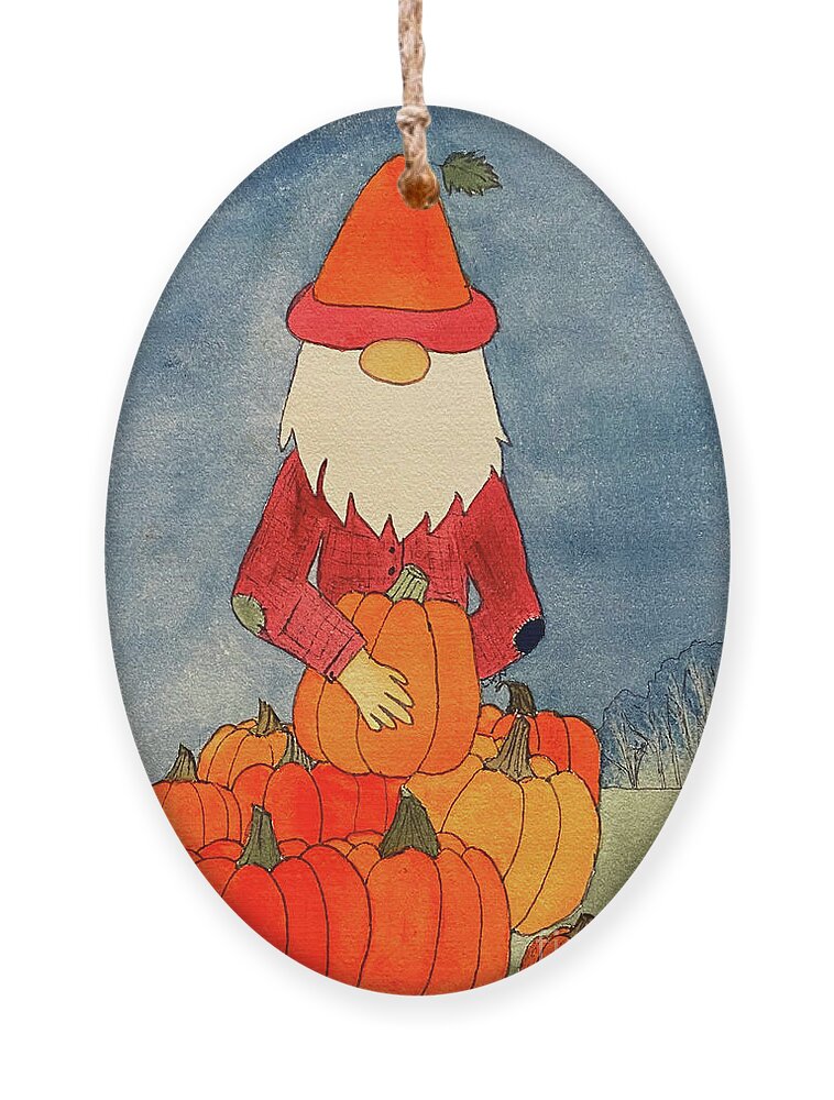 Fall Ornament featuring the mixed media Fall Gnome with Pumpkins by Lisa Neuman