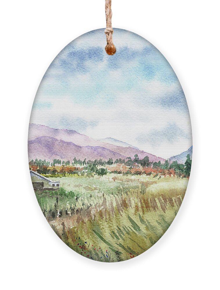 Barn Ornament featuring the painting Farm Barn Mountains Road In The Field Watercolor Impressionism by Irina Sztukowski