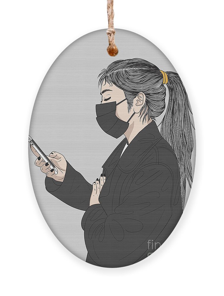 Graphic Ornament featuring the digital art Fashion Woman With A Mask Holding A Phone - Line Art Graphic Illustration Artwork by Sambel Pedes
