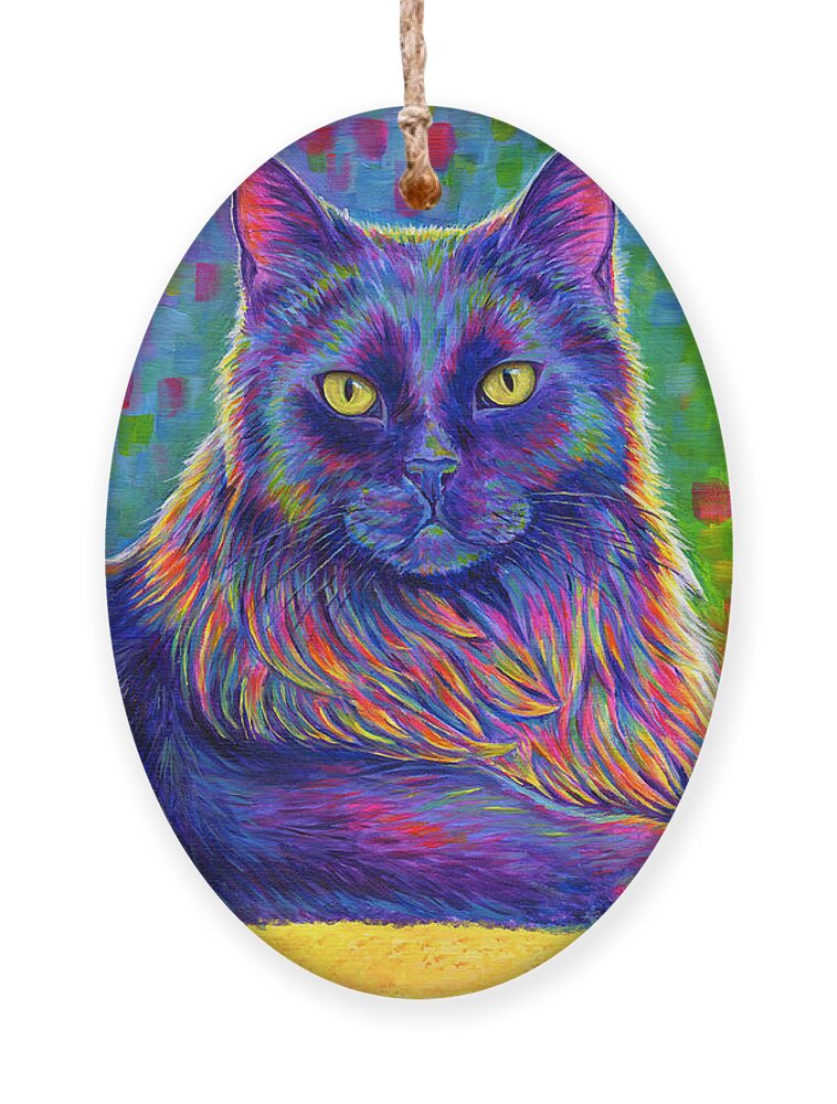 Cat Ornament featuring the painting Psychedelic Rainbow Black Cat - Felix by Rebecca Wang