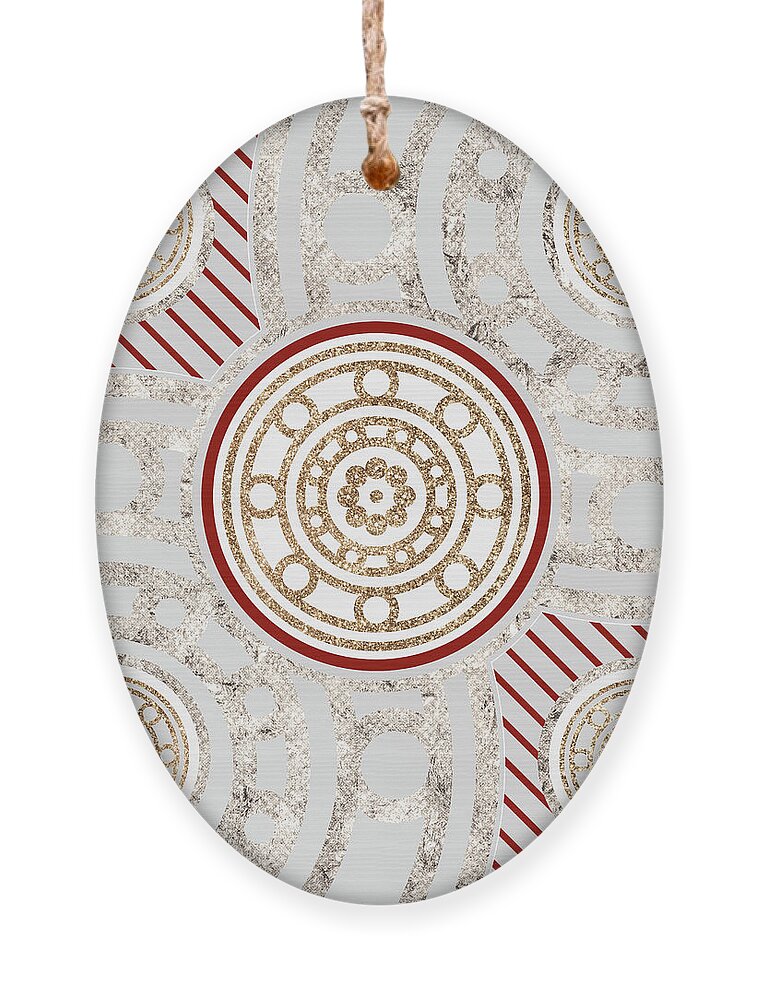 Abstract Ornament featuring the mixed media Festive Sparkly Geometric Glyph Art in Red Silver and Gold n.0132 by Holy Rock Design