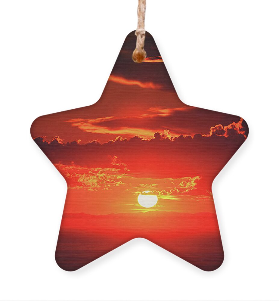 Sunset Ornament featuring the photograph Fiery sunset Piercing the clouds over Catalina Island by Abigail Diane Photography