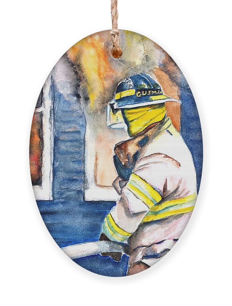 Firefighting Ornament featuring the painting Firefighter Hero House Fire by Carlin Blahnik CarlinArtWatercolor
