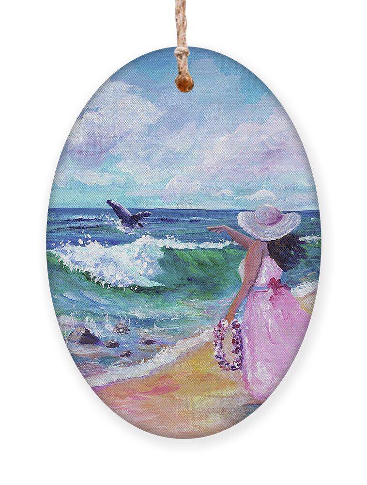 Beach Girl Ornament featuring the painting First Whale Sighting by Marionette Taboniar
