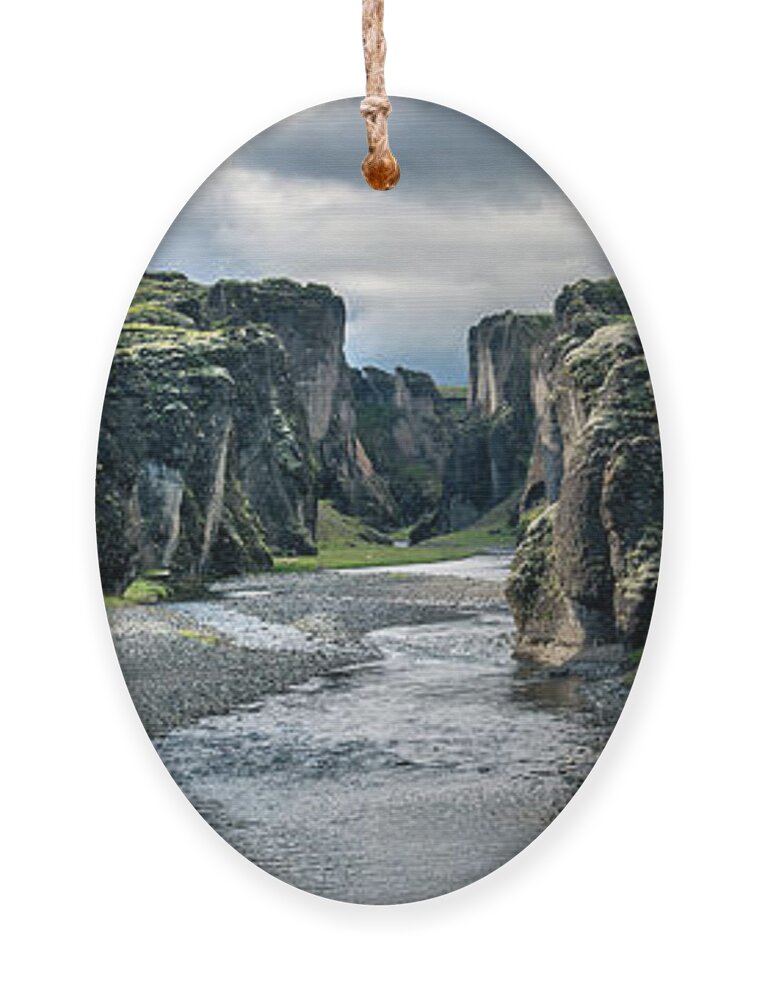 Iceland Ornament featuring the photograph Fjadrargljufur canyon panorama, Iceland by Delphimages Photo Creations