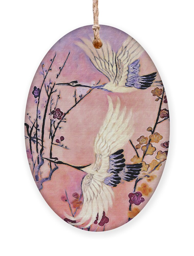 Flight Of The Cranes Ornament featuring the painting Flight of the Cranes - Kimono Series by Susan Maxwell Schmidt