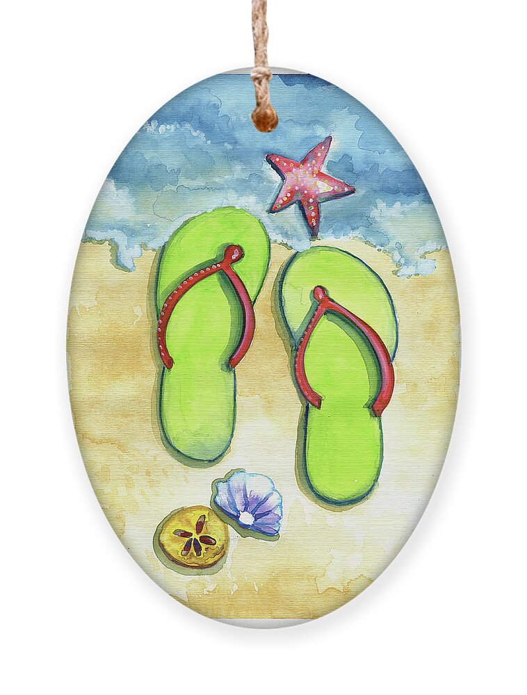 Walking On The Beach Ornament featuring the painting Flip Flops on the Beach by Michele Fritz