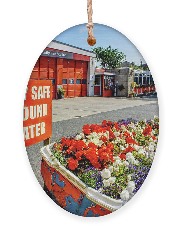 Digital Art Ornament featuring the photograph Flowers in a boat, Heywood Fire Station, Manchester, UK by Pics By Tony