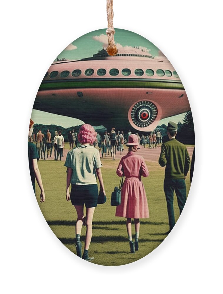 Flying Ornament featuring the mixed media Flying Saucer Frenzy VI by Jay Schankman