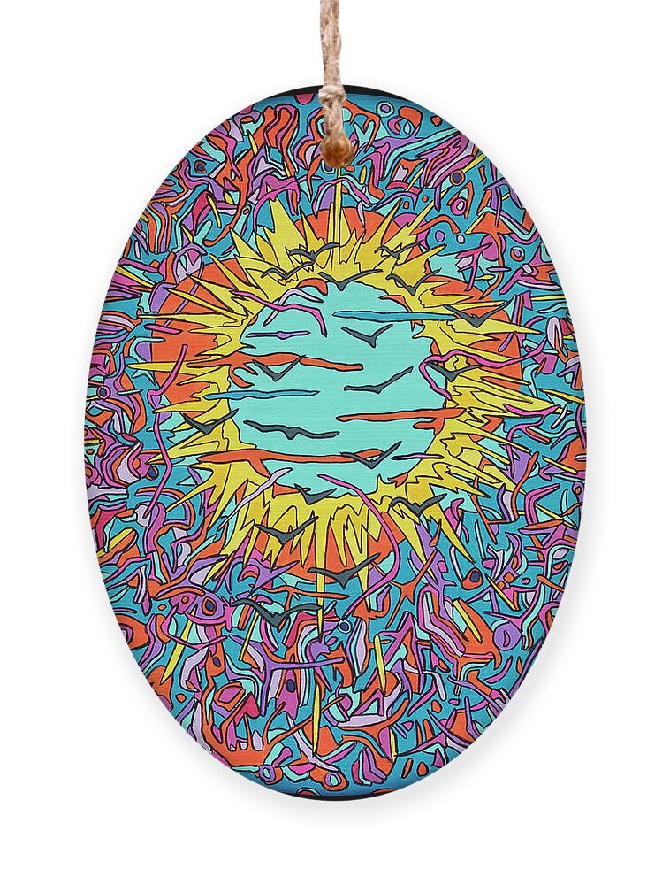 Flying Psychedelic Pop Art Colorful Sun Ornament featuring the painting Flying through the Sun by Mike Stanko