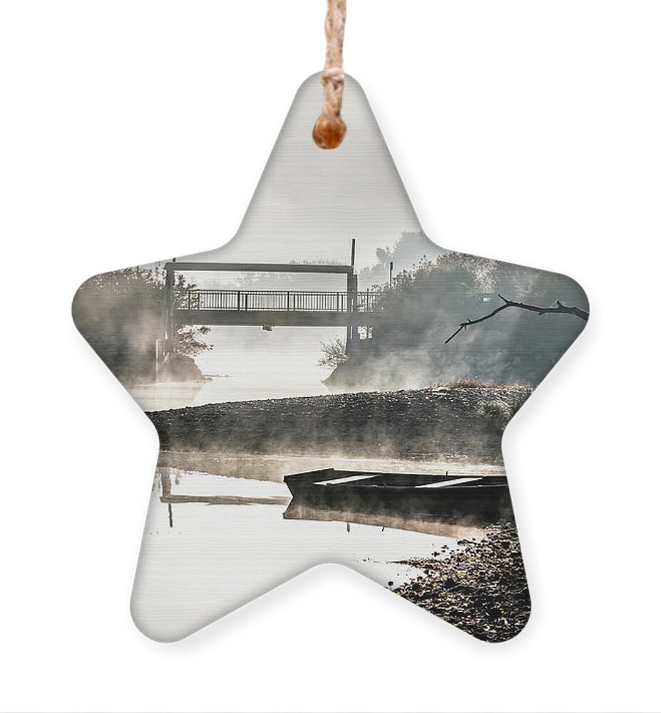 Anchor Ornament featuring the photograph Foggy Landscape With Boats On River Bank And Bridge In River Danube National Park In Austria by Andreas Berthold