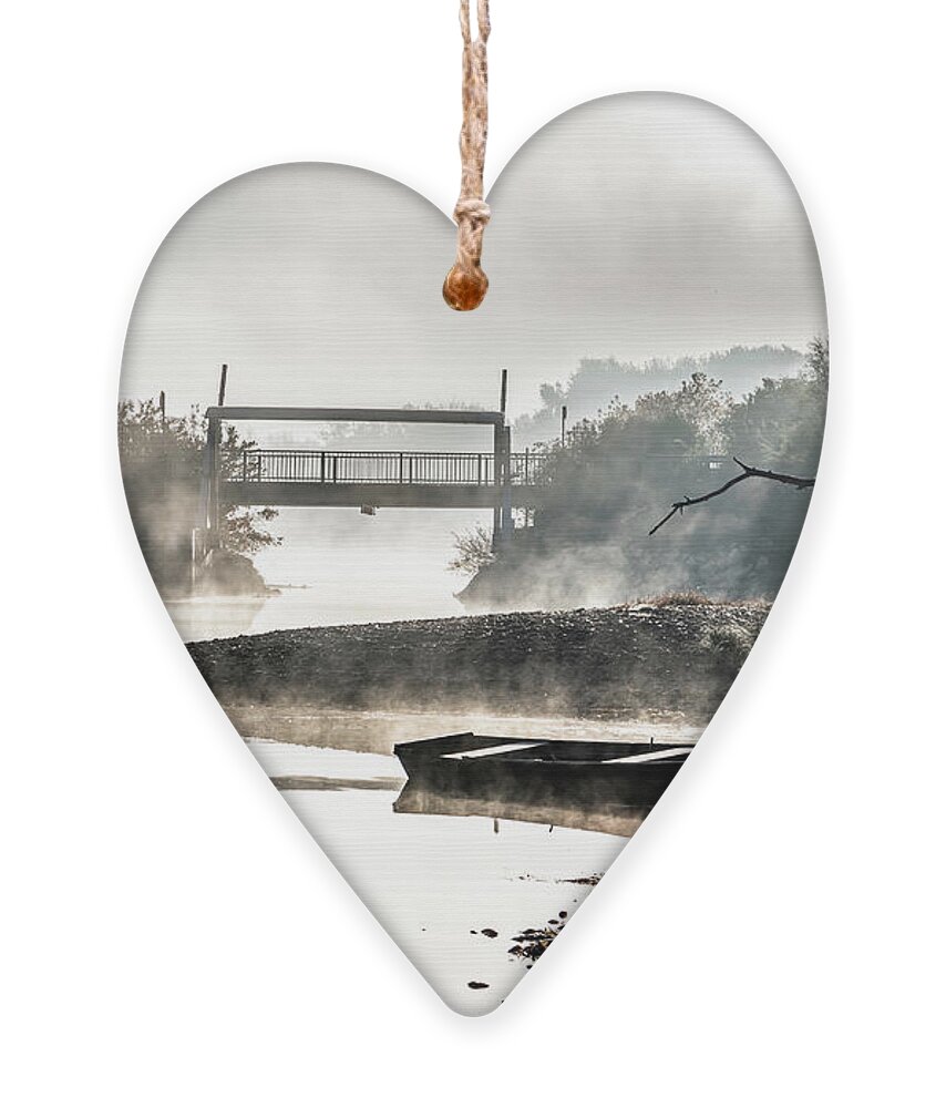 Anchor Ornament featuring the photograph Foggy Landscape With Boats On River Bank And Bridge In River Danube National Park In Austria by Andreas Berthold