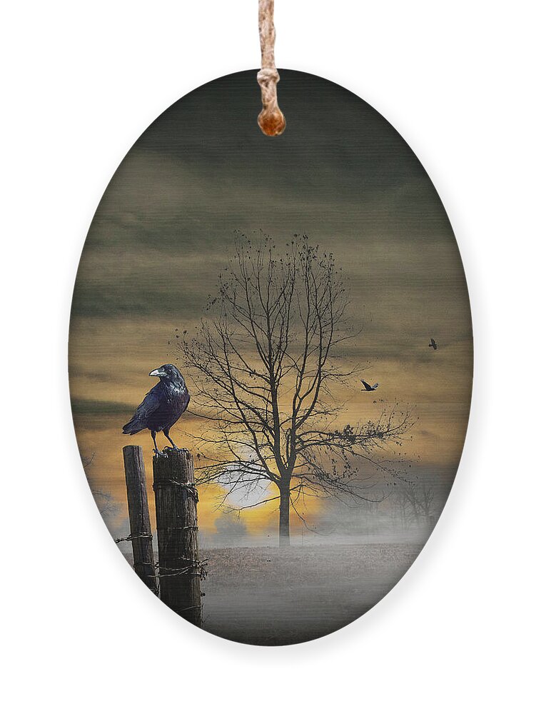 Art Ornament featuring the photograph Foggy Orange Sunrise with Ravens by Randall Nyhof