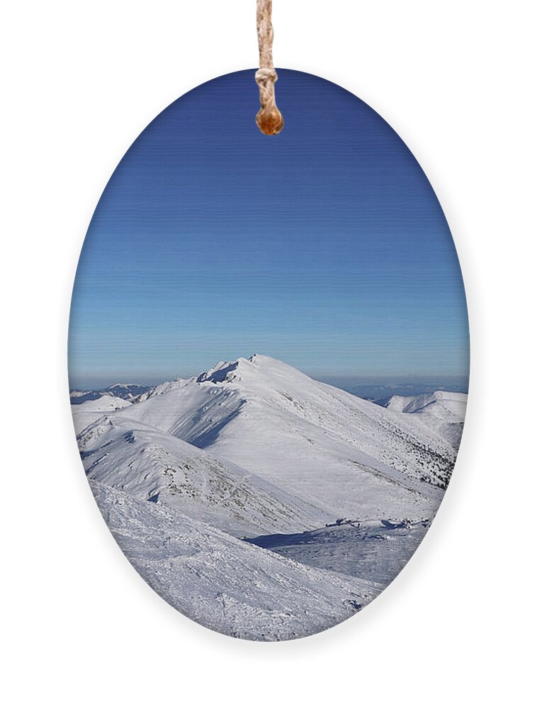 Hunt Ornament featuring the photograph Freeride in Low Tatras with view on Dumbier mountain. Low tatras has beauty same as Alps. The most famous mountain with clean and blue sky. Landscape beauty. Concept of frozen lands by Vaclav Sonnek