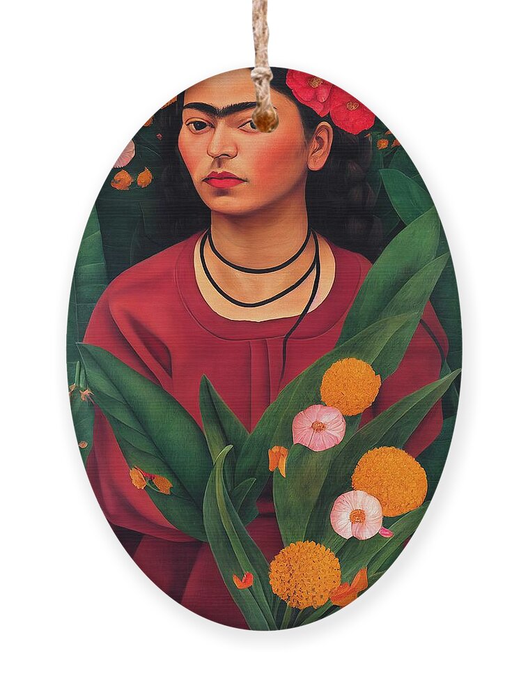 Frida Kahlo Flowers Art Ornament featuring the painting Frida Kahlo Portrait by Vincent Monozlay